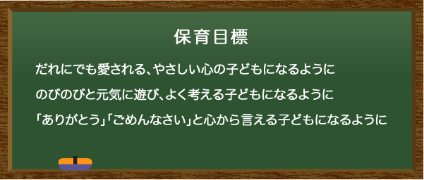 保育目標 だれにでも愛される、やさしい心の子どもになるように、のびのびと元気に遊び、よく考える子どもになるように、「ありがとう」「ごめんなさい」と心から言える子どもになるように