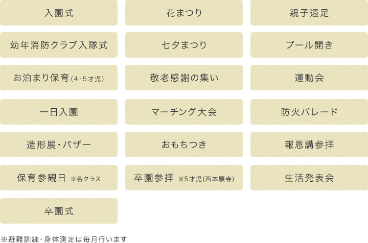 入園式、花まつり、親子遠足、幼年消防、クラブ入隊式、七夕まつり、プール開きお、泊まり保育（4・５才児）、敬老感謝の集い、運動会、一日入園、マーチング大会、防火パレード、造形展・バザー、おもちつき、報恩講参拝保育参観日 ※各クラス、卒園参拝 ※5才児(西本願寺)、生活発表会、卒園式※避難訓練・身体測定は毎月行います